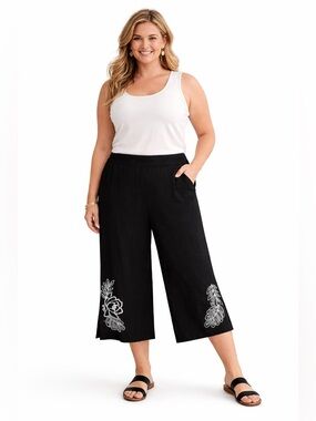 NWT Ruby Rd Plus Black Embroidered Wide Leg Capri Pants Lightweight Pull On 20W